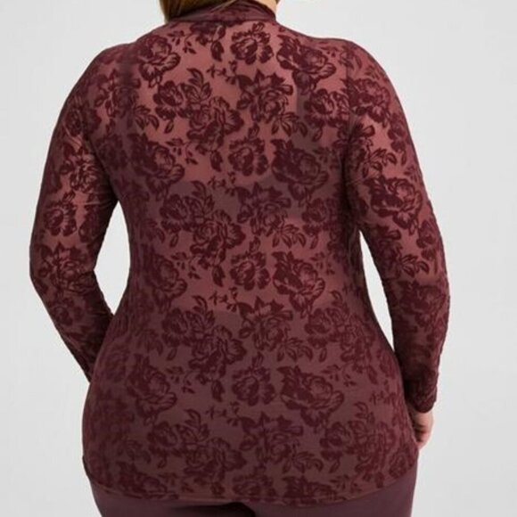 Torrid - Flocked Mesh Mock Neck Long Sleeve Top in Sassafras - Picture 11 of 13